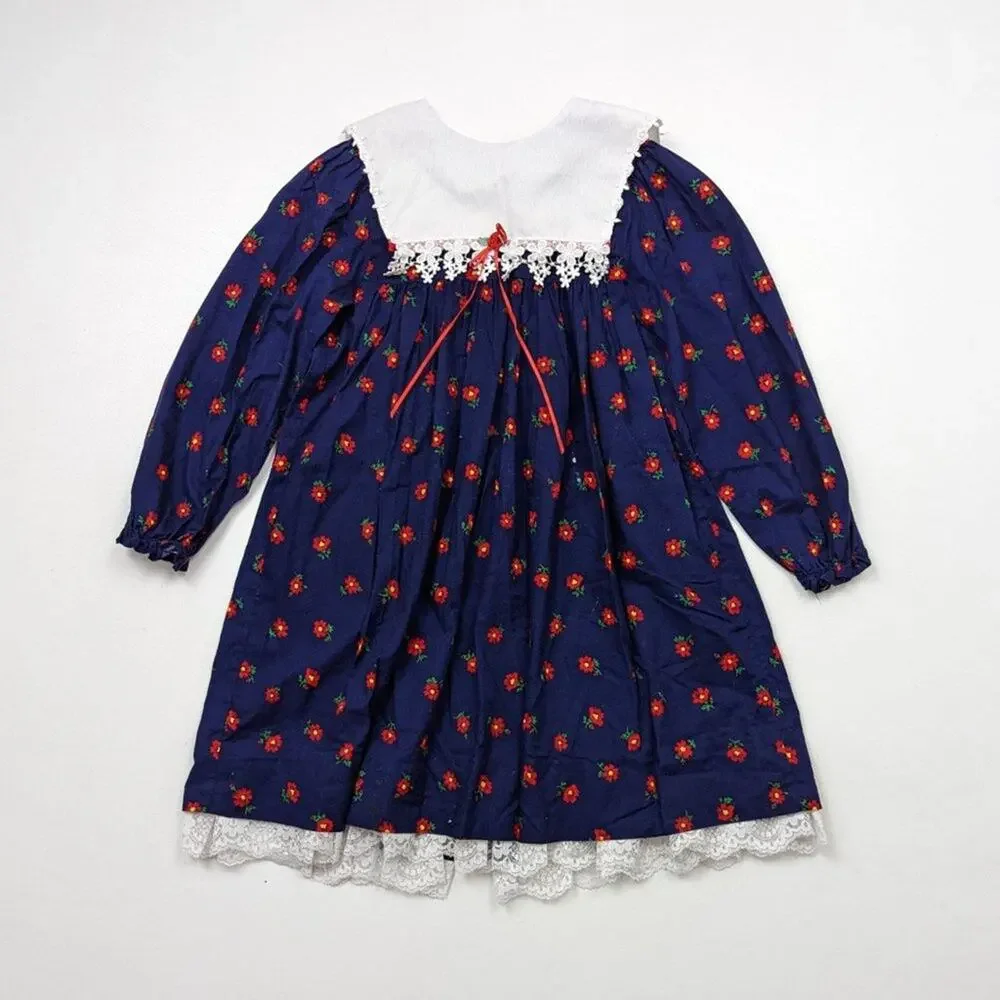 Vintage Bryan Dress Girls Size 6 Navy Floral Bib Long Sleeve